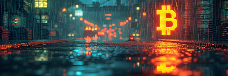 Bitcoin sign with glowing neon lights in the city. 3d illustrationの素材