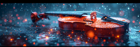 Red violin on black background with bokeh. 3d illustrationの素材