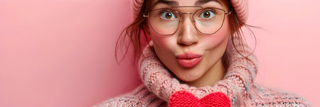 Funny girl in glasses on a pink background. Girl in a knitted sweater and glasses.の素材