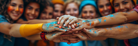 Group of friends with holi paint on their hands. Selective focus.の素材