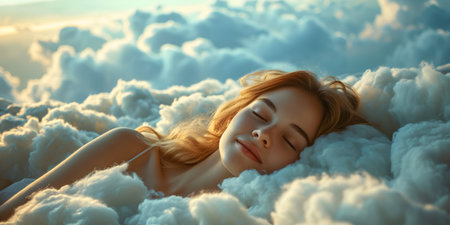 Beautiful young woman lying on the clouds in the morning. Beauty, fashion.の素材