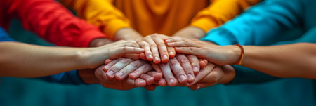 Group of multiethnic young people holding hands together, closeupの素材