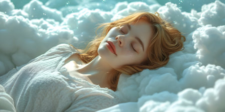 Beautiful young woman with red hair lying in the clouds. Portrait of a girl with closed eyes.の素材