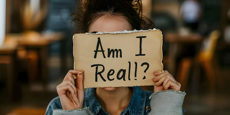 \Young woman holding a sign with the inscription \"\"I am real\"\"\""の素材