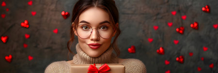 Beautiful young woman in glasses with gift box and red hearts on dark backgroundの素材