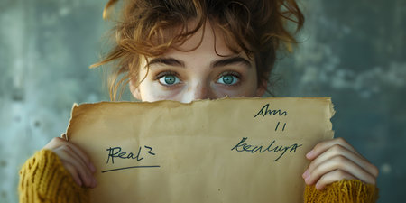 Young woman in yellow sweater hiding behind a piece of paper with the inscription on it.の素材