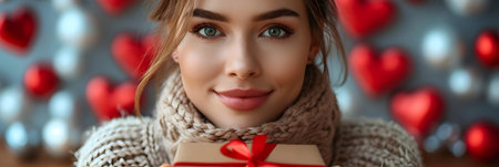 Beautiful young woman in scarf and sweater with gift box, bannerの素材