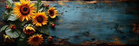 Sunflowers on rustic wooden background. Top view with copy spaceの素材