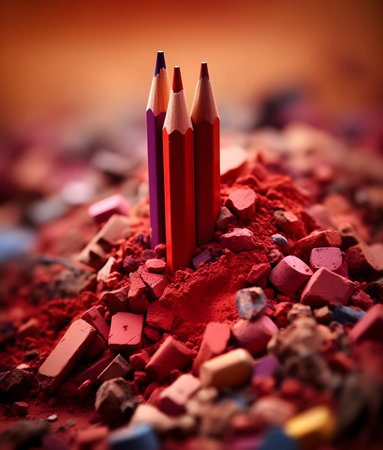 Red and blue pencils on a background of crushed eyeshadowの素材