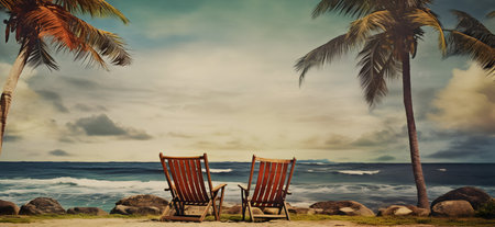 Two chairs on a tropical beach with palm trees in the background.の素材