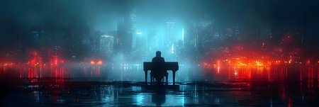 Silhouette of a man sitting at a table in the middle of a night cityの素材