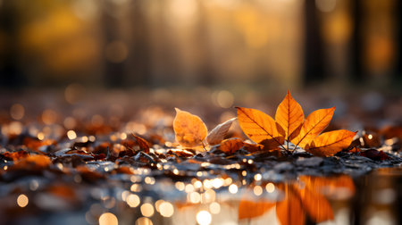 Autumn leaves on the ground with bokeh background, selective focusの素材