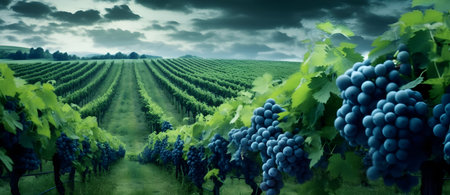 Landscape of vineyard with blue grapes. Winemaking.の素材