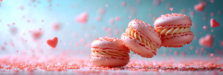 Macaroons with hearts on a blue background. 3d renderingの素材