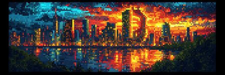 Abstract pixel art cityscape background. Vector illustration of a cityscape.の素材