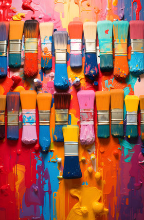 Paint brushes and colorful paints on the background of the wall.の素材