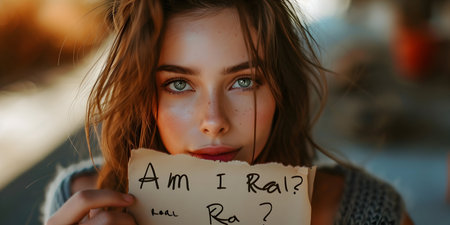 Portrait of a young beautiful girl with a sheet of paper in her hands with the inscription am i r russian.の素材