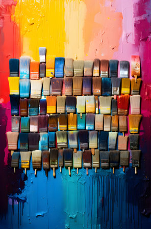 Paintbrushes on a background of multicolored oil paintsの素材