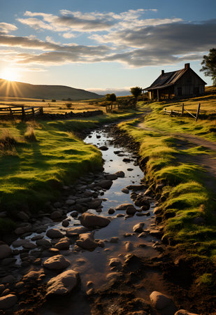 Sunset over a stream in the Cairngorms National Park, Scotlandの素材