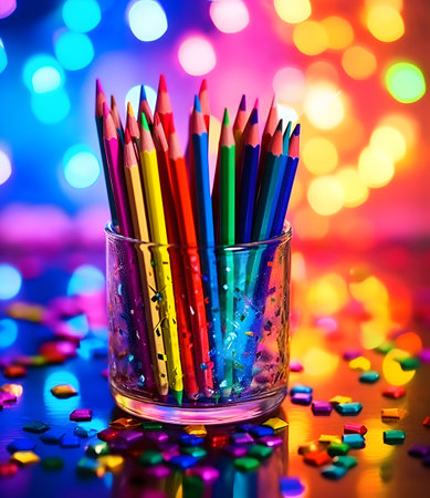 Colorful pencils in glass on bokeh lights background.の素材