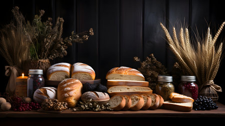 Still life with bread and wheat ears on a dark wooden background.の素材