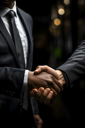Close-up of two businessmen shaking hands in a business meeting.の素材