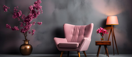 Pink armchair on the background of the wall with a lamp. 3d renderingの素材