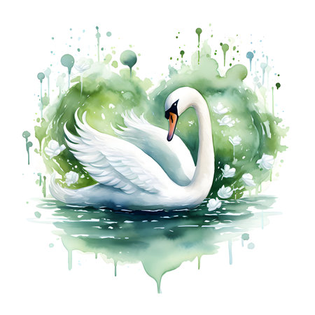 White swan on a green watercolor background. Vector illustration.の素材