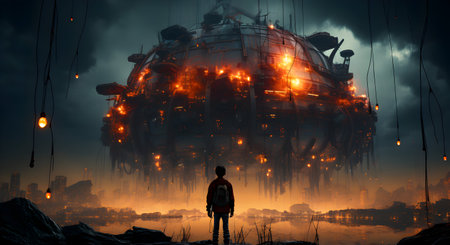 Man standing in front of the alien planet. Mixed media. Mixed mediaの素材