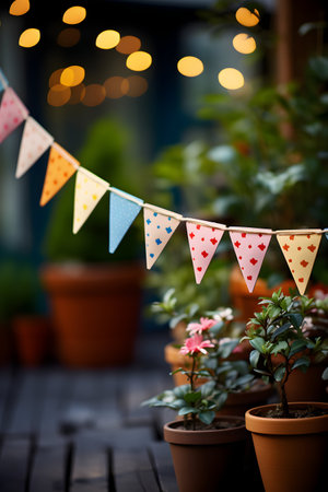 Colorful bunting flags on bokeh background, close upの素材