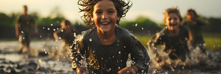 Cheerful kids playing on the beach in the water splashesの素材