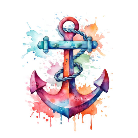 Anchor with colorful splashes. Watercolor hand drawn illustrationの素材