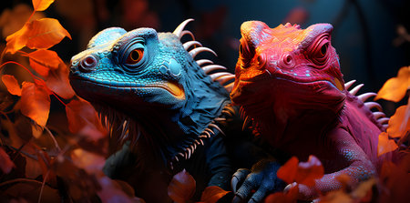 Blue iguana on the background of autumn leaves. 3d renderingの素材