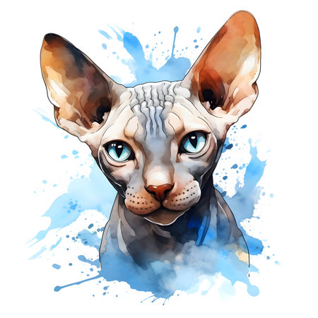 Sphynx cat with blue eyes. Watercolor illustration.の素材