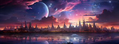 Panoramic view of the night city and the moon in the skyの素材