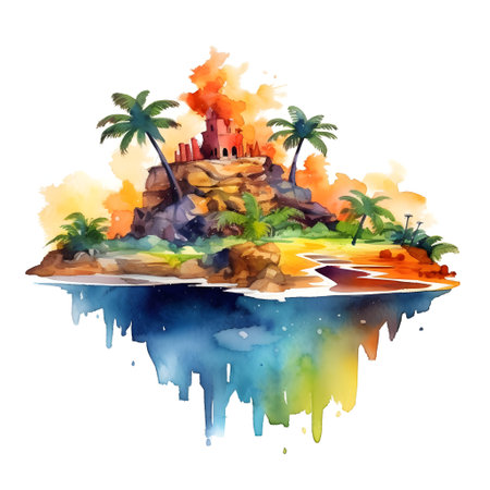 Tropical island with castle and palm trees. Watercolor illustrationの素材