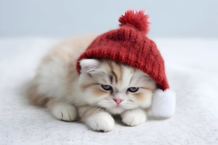 Cute kitten with red hat on white background, close up.の素材