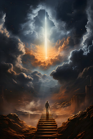 Conceptual image of a man walking up a stairway leading to a bright sun in the skyの素材