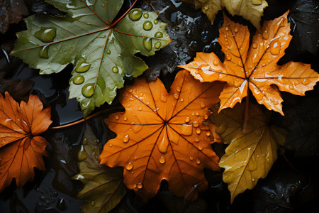 Autumn leaves with water drops on dark background, top view.の素材