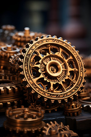 Close up view of metal gear wheels, industrial background, selective focusの素材