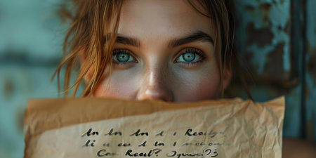 Close up portrait of a beautiful young woman with a paper sheet in her hands.の素材