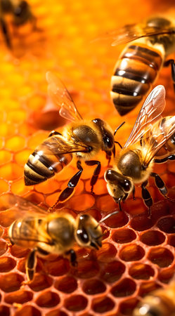 close up view of the working bees on honeycells - selective focusの素材