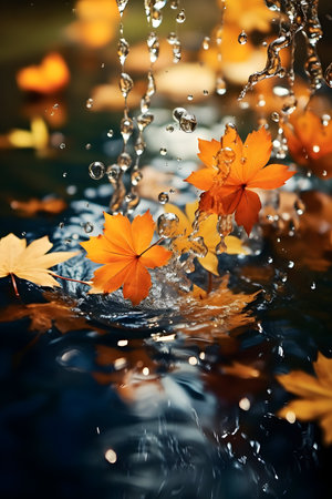 Autumn leaves falling into water with water drops. Fall concept.の素材