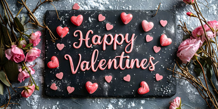 Valentine's day greeting card with red hearts on stone backgroundの素材