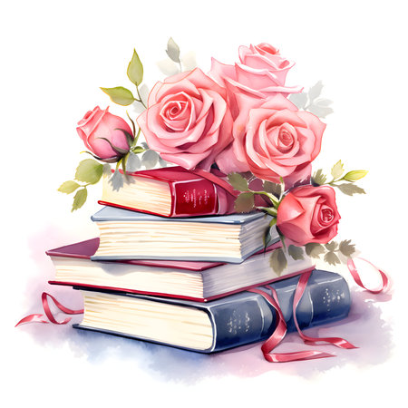 Pile of books and pink roses on a white background. Vector illustration.の素材