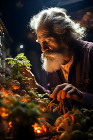Handsome bearded man working in a flower shop at night.の素材