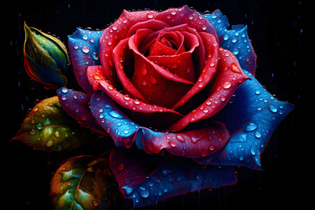 Beautiful red rose with drops of water on a black background.の素材