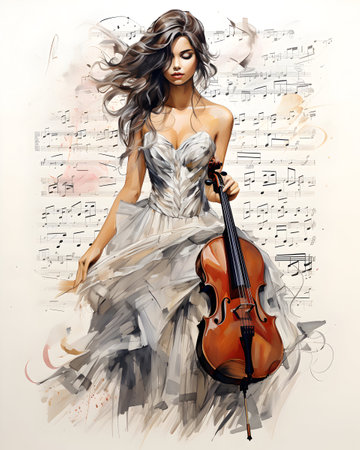 Fashion portrait of beautiful young woman with violin. Vector illustration.の素材