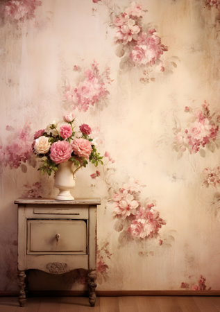 Vase of flowers on the old chest of drawers in the roomの素材