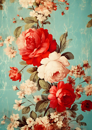Vintage floral background with roses and cherry blossoms. Grunge effect.の素材
